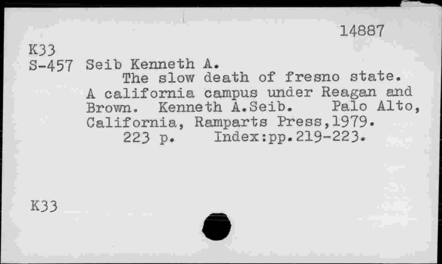 ﻿14887
K33 S-457
Seib Kenneth A.
The slow death of fresno state.
A California campus under Reagan and Brown. Kenneth A.Seib. Palo Alto California, Ramparts Press,1979«
223 p. Index:pp.219-223*
K33